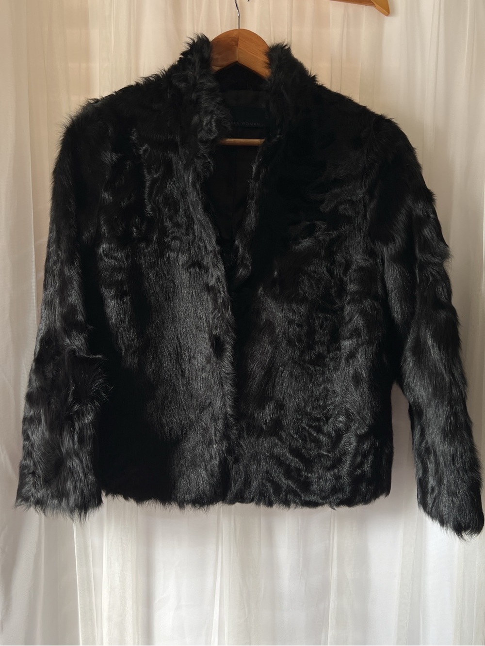 Zara Woman Studio Black Lambskin Leather Shearling Fur Jacket Coat Genuine M